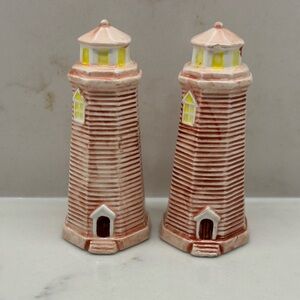 Giftcraft Ceramic Lighthouse Salt and Pepper Shakers Pink and Yellow